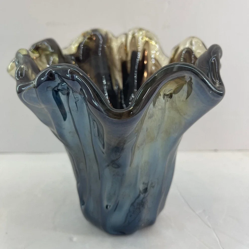Vintage Murano Style Handkerchief Art Glass Vase Brown Swirl‎ Ruffle Hand Blown